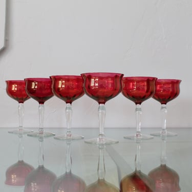 Vintage Ruby Red Coupe Glasses - Set of 6 - Elegant Drinkware 