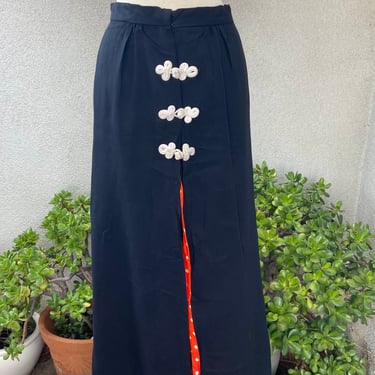 Vintage Wounded Bird maxi skirt black crepe with acetate red white polka dot lining S/M 