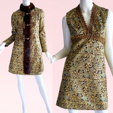 1960s Vintage Jayna Brocade Beaded Mink Dress Coat Set, 