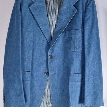 44R Blue Jean Denim Sport Coat Blazer Jacket, 1970's Vintage HAGGAR Hippie Suit Disco era 