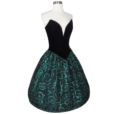 Vintage 80s 50s Strapless Black Green Prom Party Dress XS S Small Velvet Deep V Glitter Taffeta Full Skirt Womens Costume Glam Formal Dance 