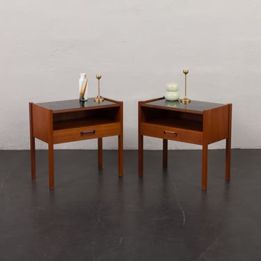 Pair of Italian mid century teak nightstands with glass top, 1960s 