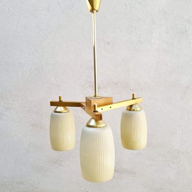 Mid Century Modern Ceiling Lamp / Three Arms Chandelier / Teak Wood & Glass / Ceiling Lamps / Scandinavian Design / Italy / 1960 / '60s 