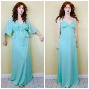 1970s Vintage Mint Green Disco Dress Set / 70s Seafoam Chiffon Cape and Maxi Dress / Size Medium 