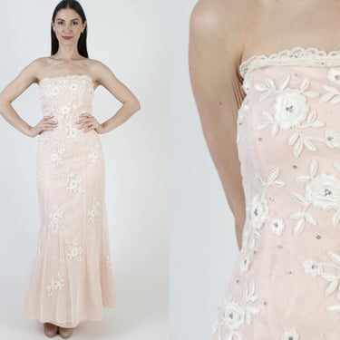 Niki Prom Dress, Pink Strapless Gown, Vintage Illusion Maxi, Long Mermaid Hem Skirt, Tag Size 6 