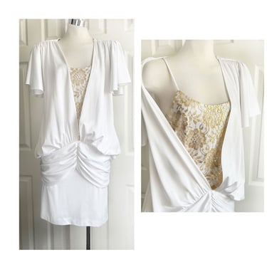Vintage 1980s White & Gold Lace Flapper Dress, Wedding Bridal Disco MEDIUM Boho 