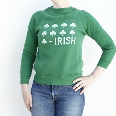 Vintage 80's Irish Sweatshirt - Super Soft - Green with White Screen Print - Shamrocks - Clovers 
