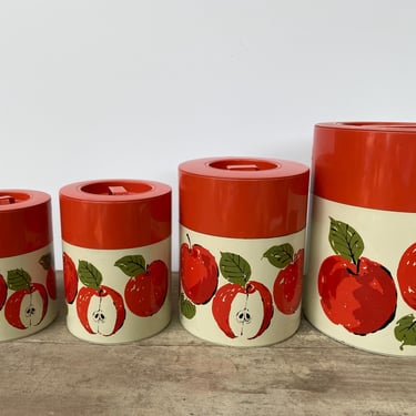 Mid Century Apple Kitchen Canisters, MCM Apple Graphics, Japan Hand Painted, Creative Imports, Set Of 4 Nesting Metal Storage Containers 