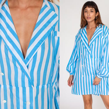 Striped Day Dress 80s Mini Dress Blue White Double Breasted Button Up Shirtdress Long Puff Sleeve Collared Preppy Vintage 1980s Large xl 