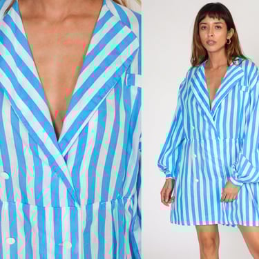 Striped Day Dress 80s Mini Dress Blue White Double Breasted Button Up Shirtdress Long Puff Sleeve Collared Preppy Vintage 1980s Large xl 