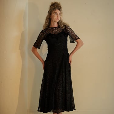 1930s Art Deco chantilly lace velvet beaded evening gown 