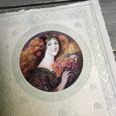 1912 French Bon Marché Desk Blotter Booklet, Embossed Paper, Pre Raphaelite Lady, Literary Goddess 