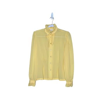 Vintage 70's Collegian of California Canary Yellow Semi Sheer Pussy Bow Secretary Blouse, Size Large 