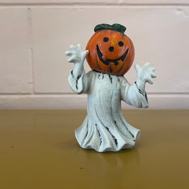 Vintage 1980s Halloween Ceramic Ghost with Pumpkin Jack O Lantern Head 