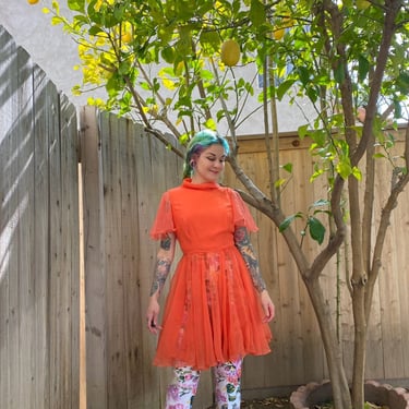 Vintage 1960’s Coral Orange Chiffon Dress with Sheer Skirt 