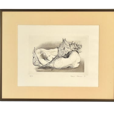 Austrian Surrealist Robert Colnago sgd L/E Etching Nude Emerging from Conch Shell 