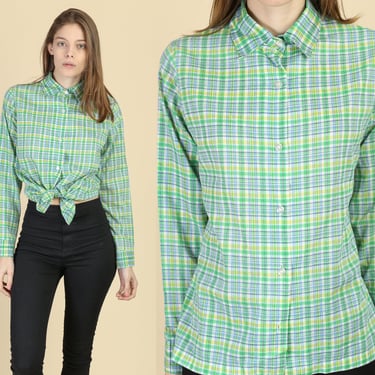 Vintage Girl Scouts Plaid Button Up Blouse - Medium | 60s 70s Long Sleeve Collared Uniform Shirt 