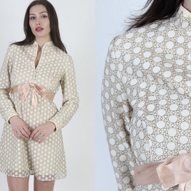 Cream Polka Dot Print Dress / Ivory Plaid Split Neck Lace Frock / Geometric Circle Fabric / Vintage 70s Cute Waist Tie Mini 