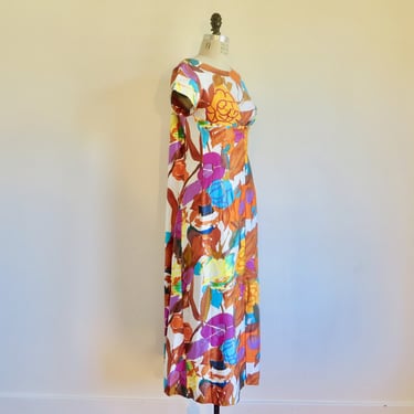 Hawaiian Print Cotton Long Maxi Dress with Back Train Multicolor Floral Tropical Luau Resort Alice Polynesian Fashions Size Medium 