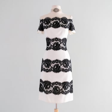 Chic 1990's Black &amp; White Striped Spanish Lace Cocktail Dress by Scaasi / M