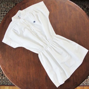 Vintage 1970s Adidas Trefoil Womens White Tennis Mini Dress  S - West Germany Seersucker Striped Elastic Waist Tunic 