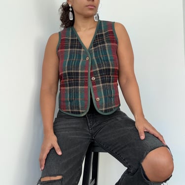 90s Plaid Wool Vest | Green Trimmed Wool Vest Blazer | Deep V Wool Vest | Size Small 