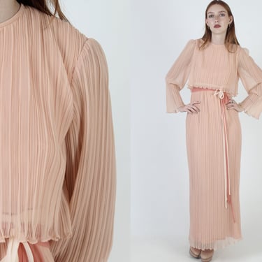 Miss Elliette 70s Nude Chiffon Dress / Long Pleated Sheer Bell Sleeve Dress / Lined Gown Maxi Dress With Matching Sash 