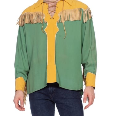 1940'S Green & Gold Rayon Rare Men's Gene Autry Rockabilly Western Cowboy Shirt With Leather Fringe 