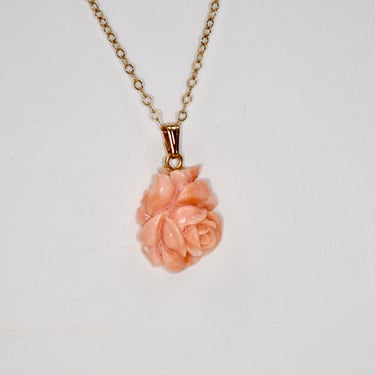 Authentic Angel Skin Pink Coral Hand Carved Rose Pendant Necklace & Stud Earrings 12K Gold Bail and Chain Both Marked 12K Gold Gift for Her 