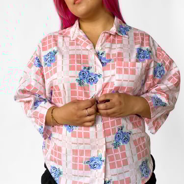 1980s Pink Floral Checkered Button Up Top, sz. 1XL