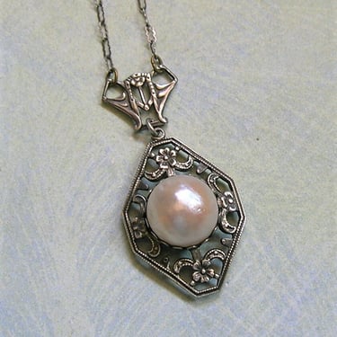 Antique Edwardian Silver and Pearl Necklace, Edwardian Pearl Necklace, Bridal Jewelry  (#4034) 
