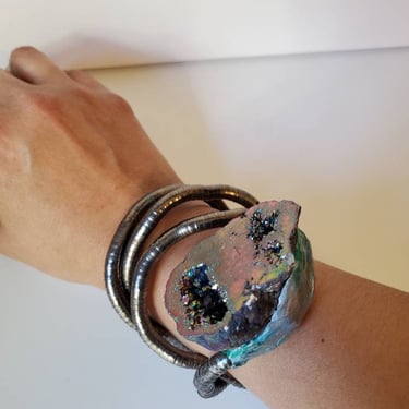 Custom made vintage serpentine and rainbow aura stone with sculptured art by Amanda Alarcon-Hunter for Minx and Onyx 