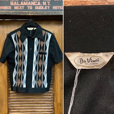 Vintage 1960’s “Da Vinci” Black Background Panel Mod Rockabilly Shirt-Jac Shirt, 60’s Vintage Clothing 
