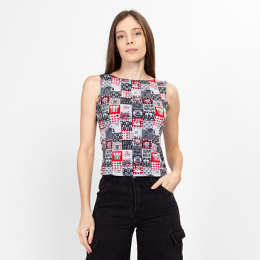 Small Y2K Pop Art Graphic Cropped Tank | Vintage Red Grey Stretchy Crop Top 