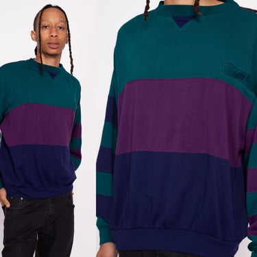 80s Color Block Slouchy Sweatshirt - Men's Large Short | Vintage Striped Chest Pocket Soft Lightweight Crewneck 