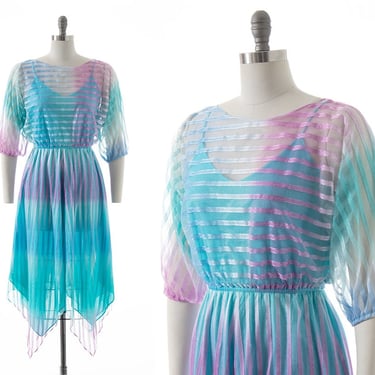 Vintage 1970s Dress | 70s Ombré Fairy Striped Satin Sheer Blue Purple Fit and Flare Party Dress (x-small/small/medium) 