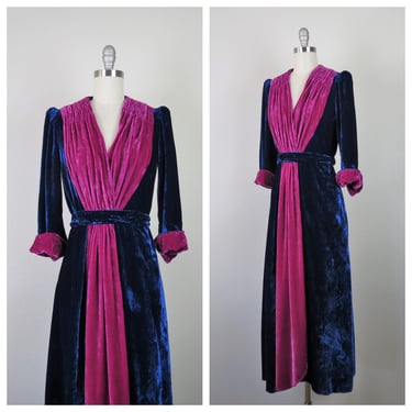 Vintage 1940s silk velvet dress, dressing gown, color block, boudoir, lingerie, wrap, robe, evening, size xs, small 