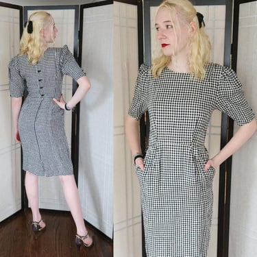 Vintage 80s UNGARO Dress Gingham Print Black White Back Buttons 