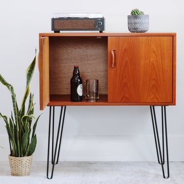 Mid Century Modern Record LP Cabinet / Cupboard on Tall Black Hairpin Legs - G Plan Fresco - Teak - Retro - Vintage - Man Cave - Refurbished 