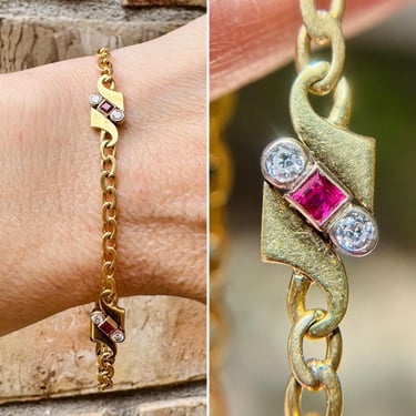 Vintage 18K 14K Gold Diamond Red Spinel Art Nouveau Revival Bracelet 1973 AS IS 