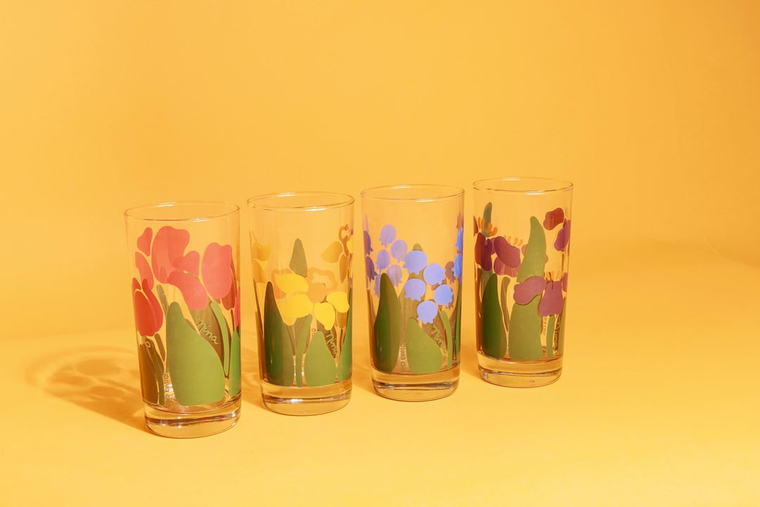 コレクション 1980s Etched  Hawaiian Flower Glasses コレクション 1980s Etched Hawaiian Flower Glasses Set of 4