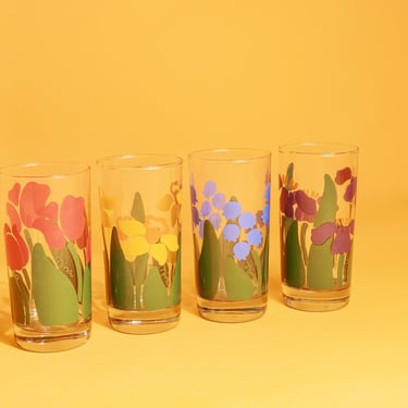 Set of 4 Vintage 80s Clear Nina Colorful Flower Novelty Drinking Clear Glasses Cups 