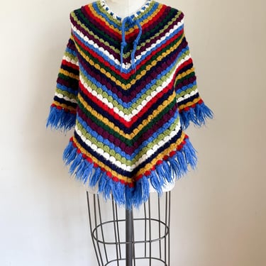 Vintage 1970s Rainbow Striped Crochet Poncho / one size fits all 