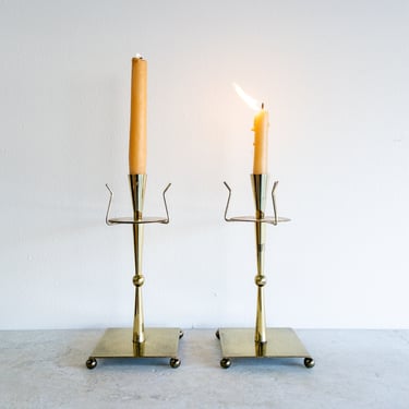 Vintage Brass Post Modern Modernist Brutalist Candlesticks Set of Two Tommi Parzinger Style Candle Holders Taper Candleholders Brass Gold 