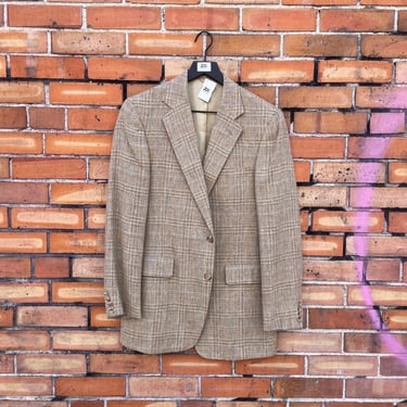 vintage 70s brown tweed check sports coat blazer / l large 