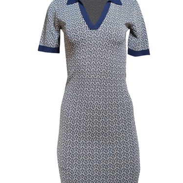 Trina Turk - Navy & Cream Print Knit Short Sleeve Dress Sz S