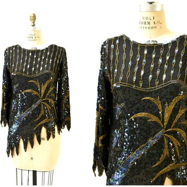Vintage Metallic Sequin Shirt Black Art Deco Flapper Inspired Gold Palm Tree // 80s Vintage Beaded Shirt Top Black Sequins Small 