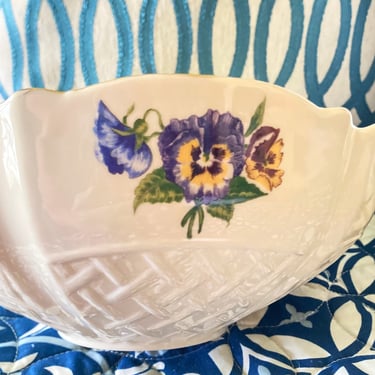 Belleek Pansy Bowl~ Irish Cream Porcelain China, molded ribbon and bow~ Pattern Enchanted Garden purple yellow pansies 