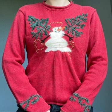 Vintage 90s North Style Red Snowman Christmas Novelty Cotton Crew Sweater Sz L 