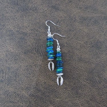 Stacked mother of pearl shell earrings, blue, green and silver 